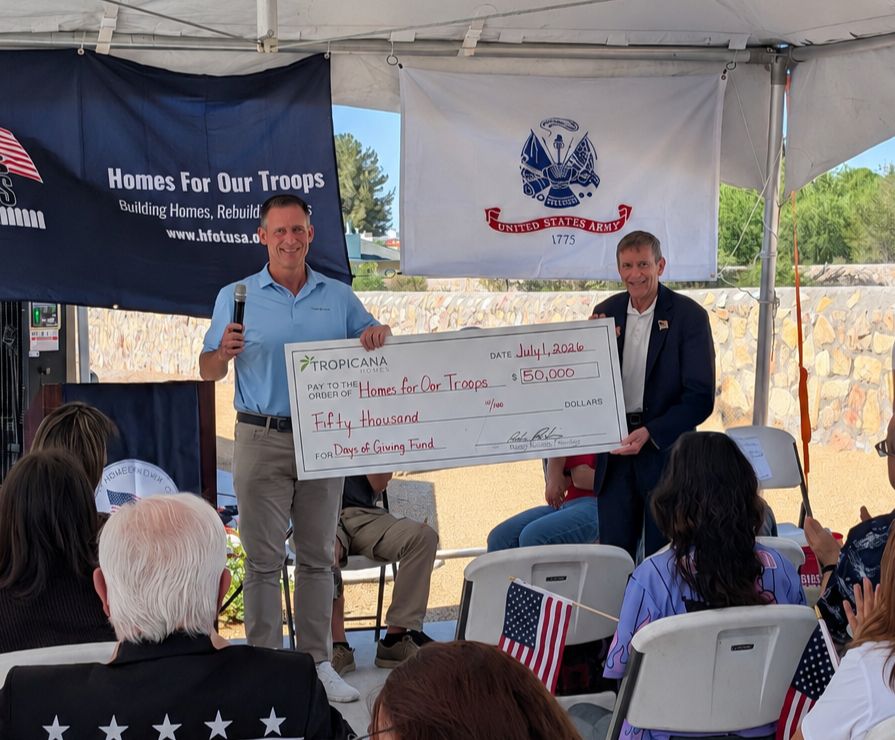 Tropicana Homes Announces $50,000 Gift to Homes for Our Troops and Supports Construction of Specially Adapted Homes for Injured Veterans